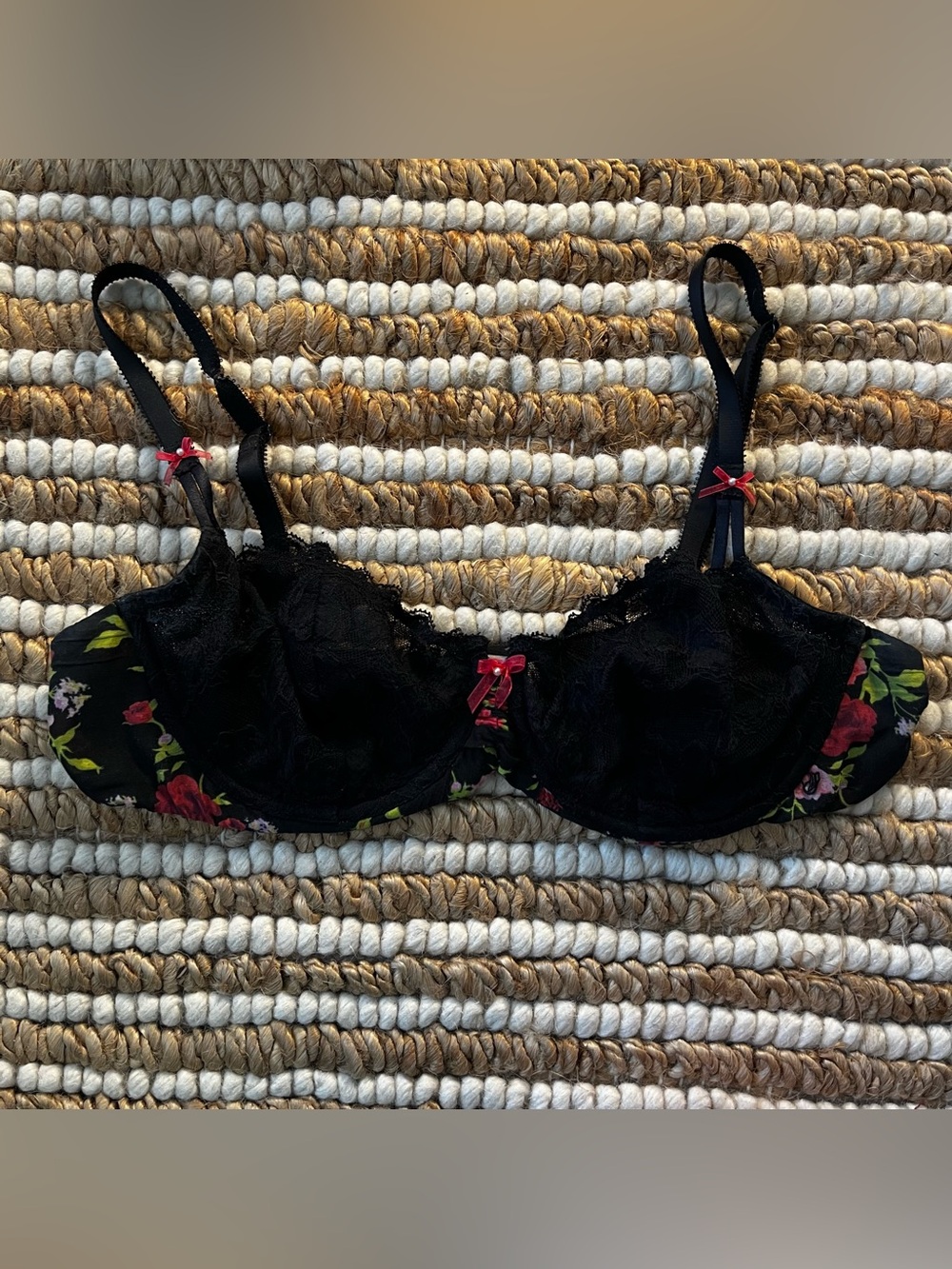 Victoria's Secret Black Lace Underwire Bra with Pink Floral Accents